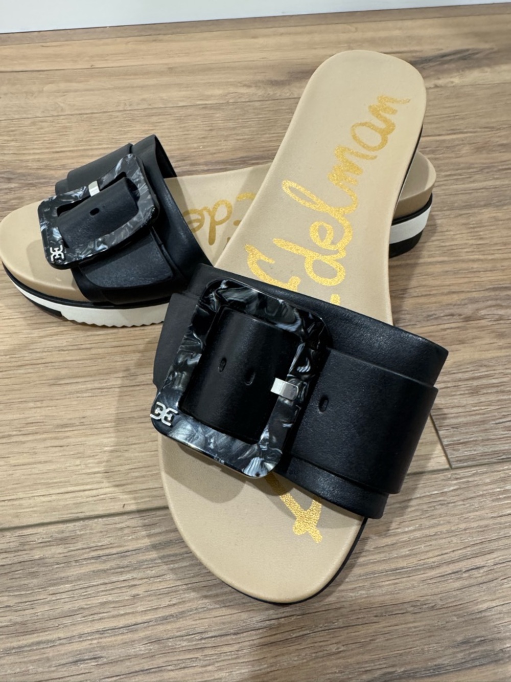 Sam Edelman Black Slide Sandals with Marbled Buckle